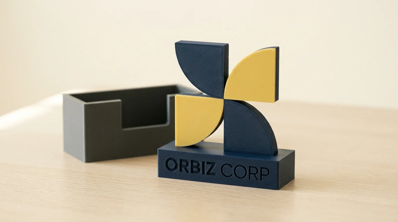 A three-dimensional Orbiz Corp branded desk object